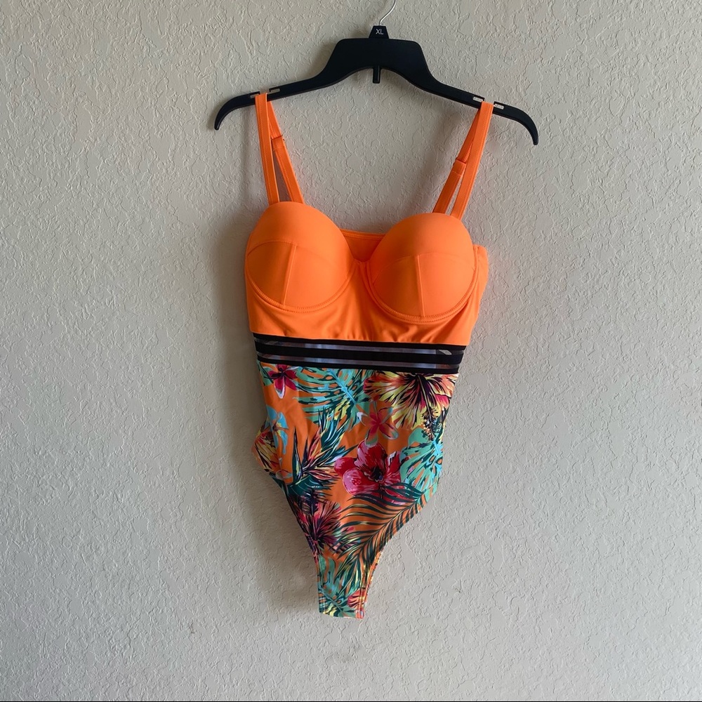 SHEIN NEW Orange Floral one piece Bathing Suit Large